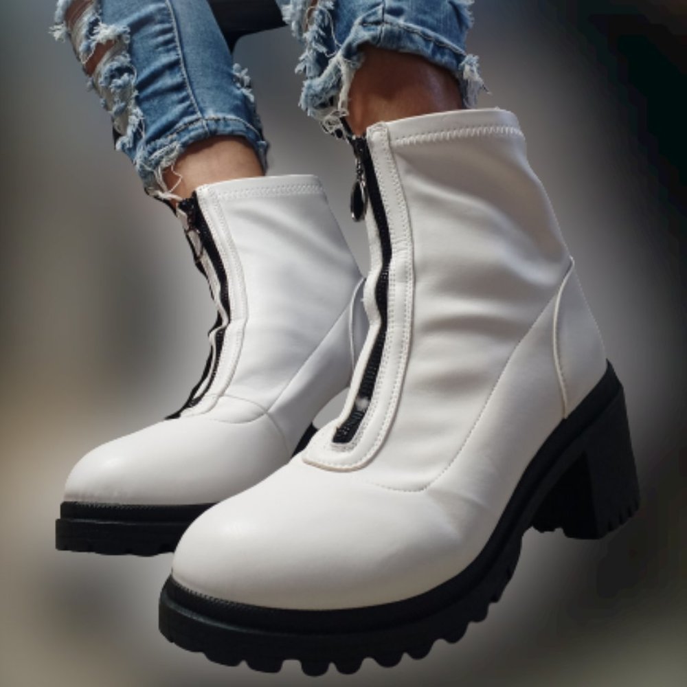 White Zip Front Heel Chunky Trendy Fashion Booties